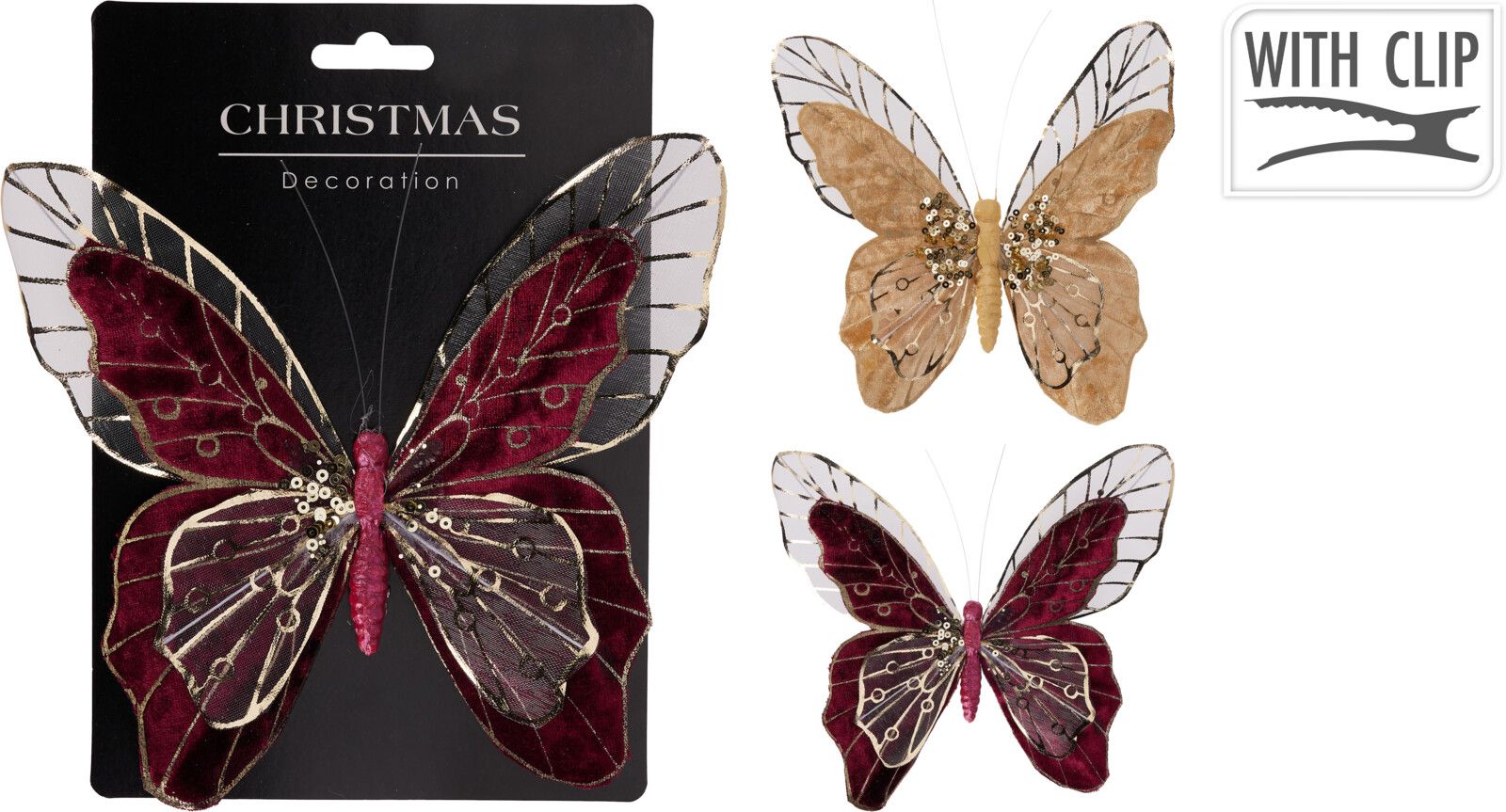 Farfalla con Clip 18cm modello assortito Rosso/Oro