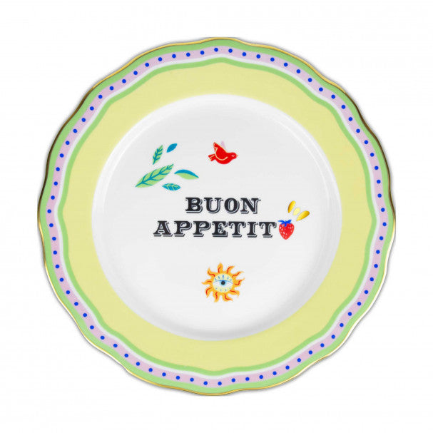 PIATTO PIANO IN PORCELLANA, SCRITTA BUON APPETITO, MAMMA MIA
