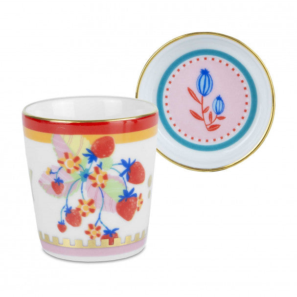 TAZZINA ESPRESSO CON PIATTINO/COPERCHIO, IN PORCELLANA, CON FRAGOLE, MAMMA MIA