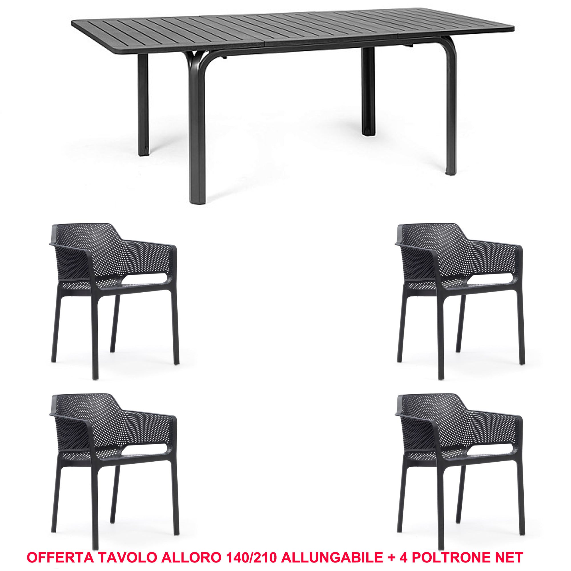OFFERTA TAVOLO ALLORO ALLUNGABILE 140/210 + 4 POLTRONE NET COLORE A SCELTA