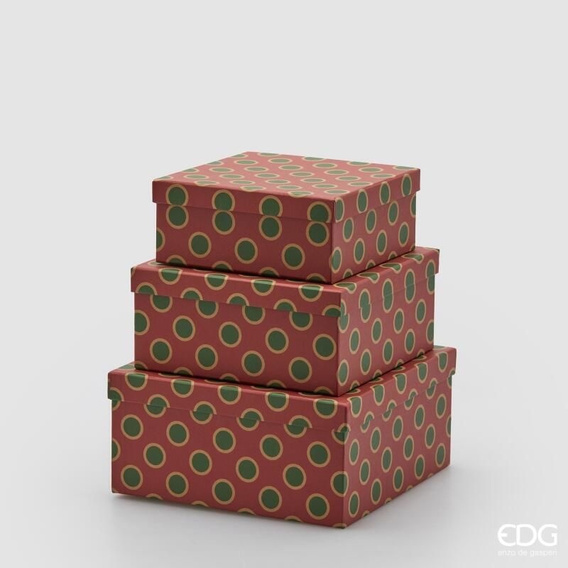 Set 3 Pezzi Scatola Pois Quadrato H.12 L.25 L.25 Verde/Rosso