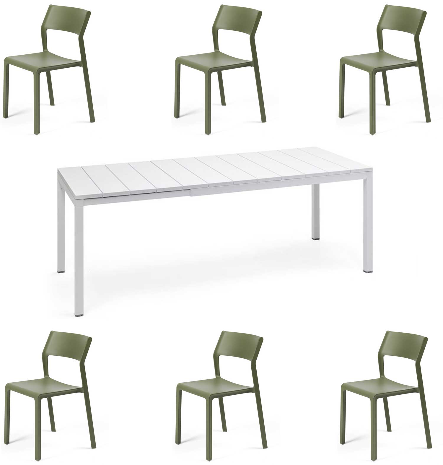 OFFERTA TAVOLO RIO 140/210 CON 6 SEDIE TRILL BISTROT BIANCO/AGAVE