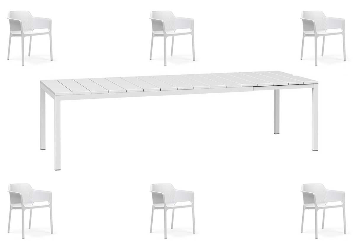 OFFERTA TAVOLO RIO ALLUNGABILE 140/210CM +6 POLTRONE NET BIANCO