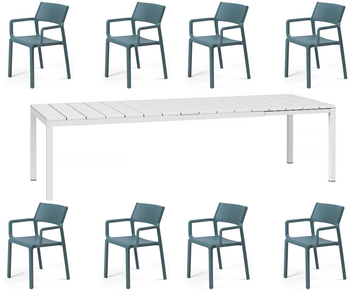 OFFERTA TAVOLO RIO 210/280 CON 8 POLTRONE TRILL BIANCO/BLU OTTANIO