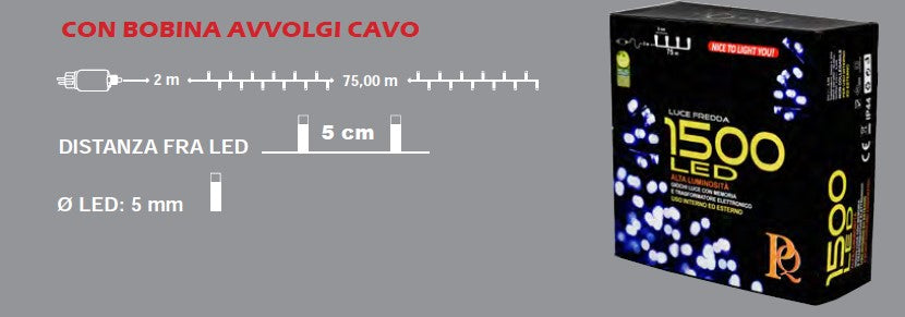 LUCI DI NATALE CATENA CON 1500 LED MULTICOLOR CALDO 75 MT