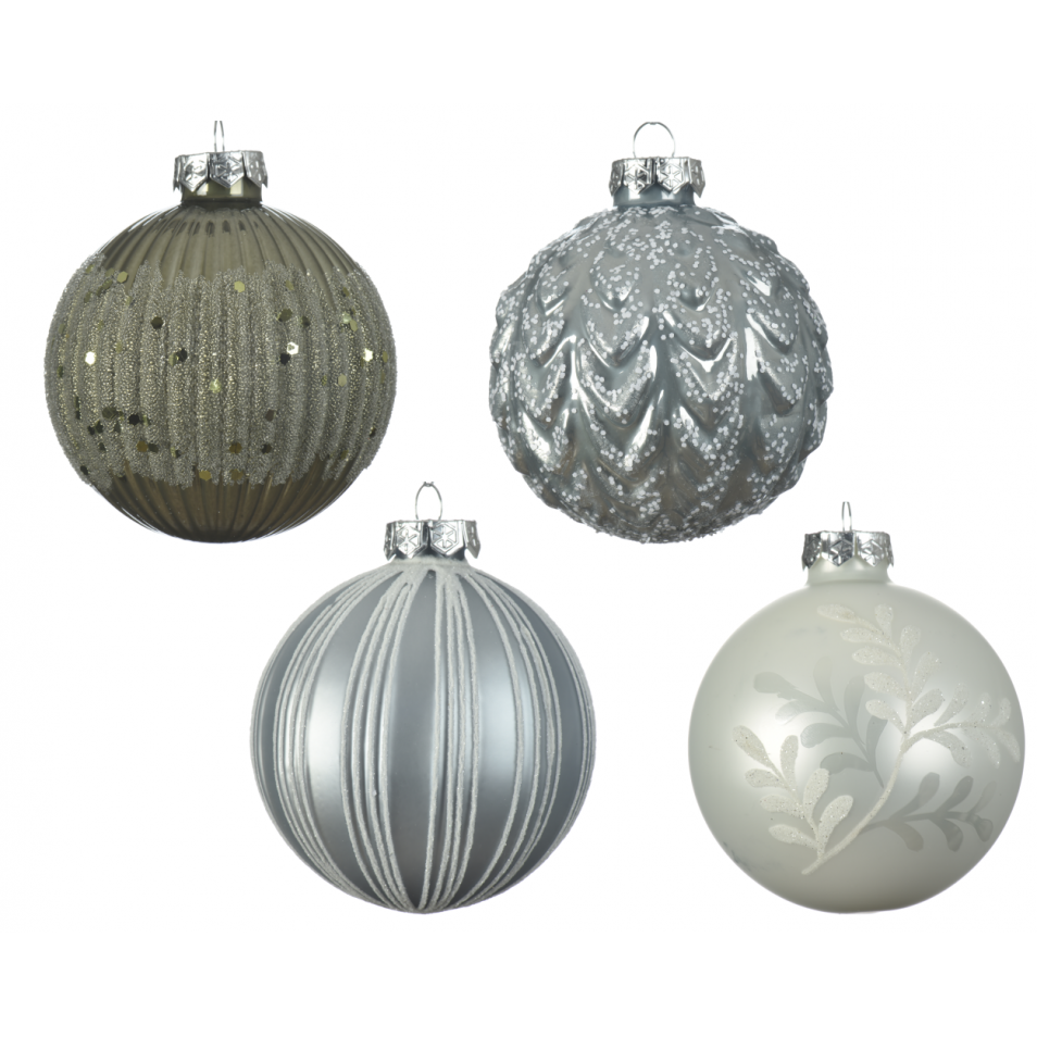 1 PALLINA DI NATALE 8CM CON DECORAZIONI ARGENTO MODELLO ASSORTITO