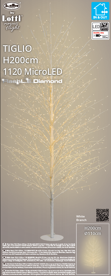 ALBERO RAMO TIGLIO BIANCO H200CM 1120 MICROLED BIANCO CALDO