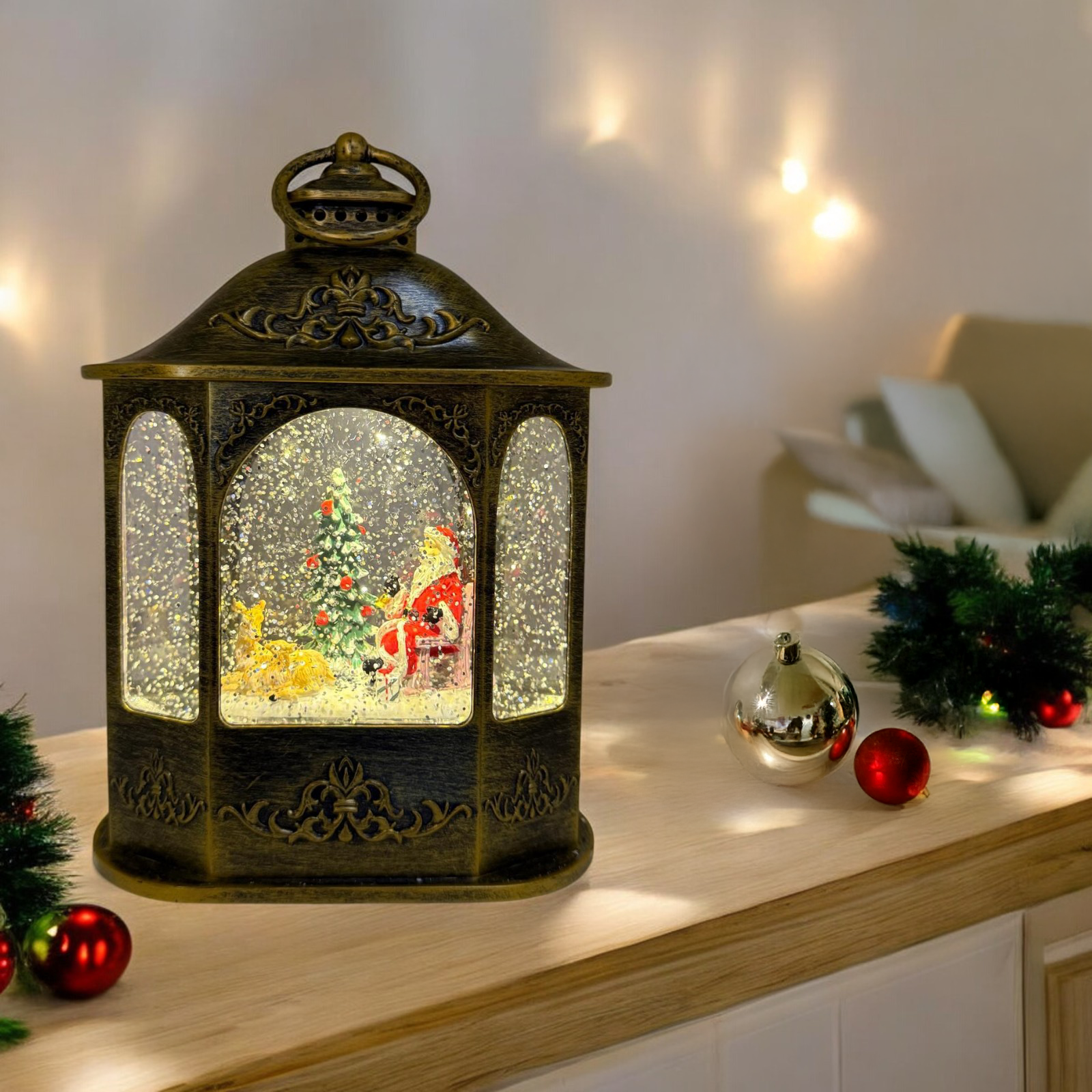 LANTERNA BRUNITA LUMINOSA CON ANELLO E BABBO NATALE CON RENNE H28CM