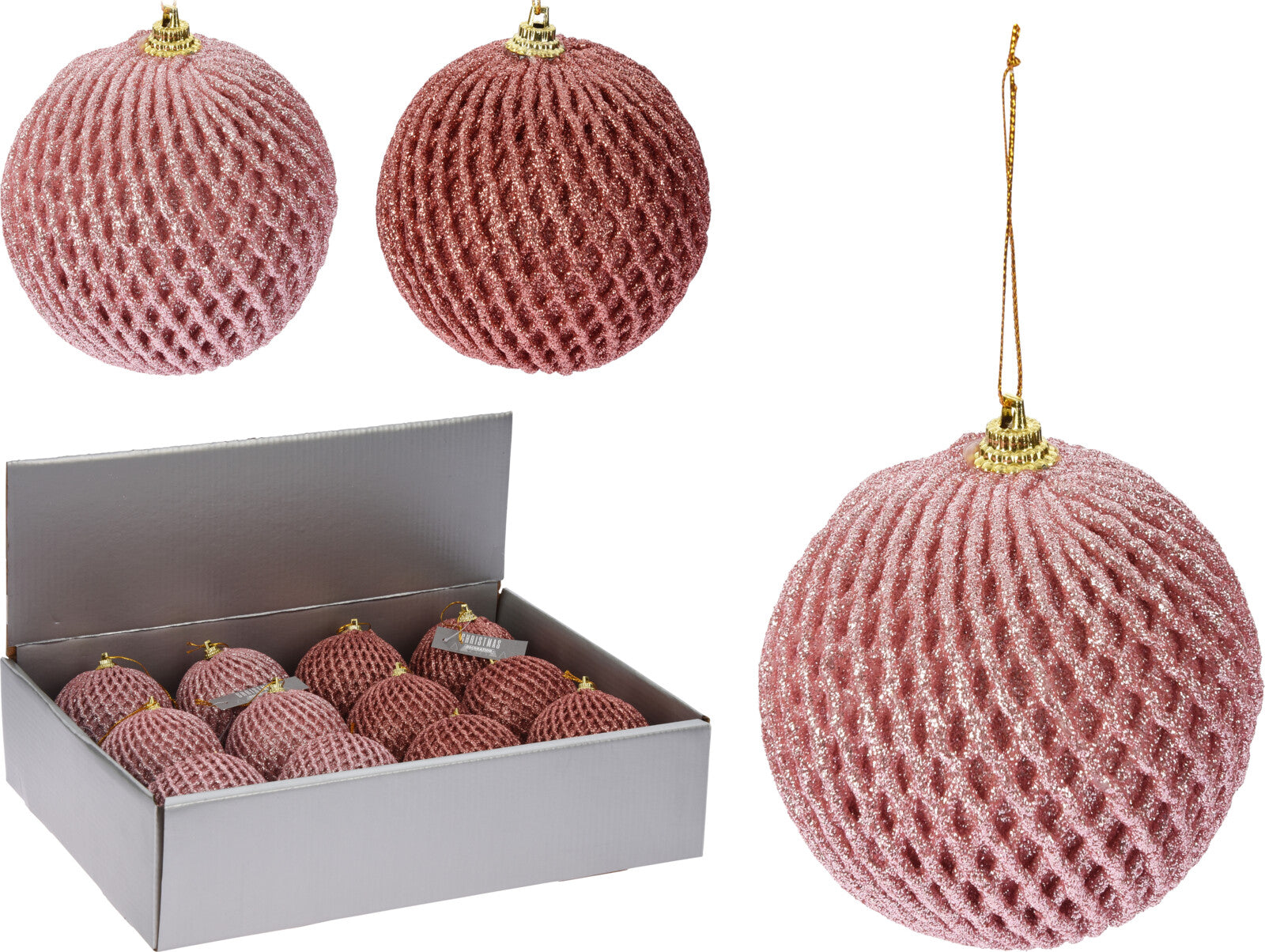 OFFERTA 12 PALLINE RETE 8CM ROSA GLITTERATA ASSORTITA