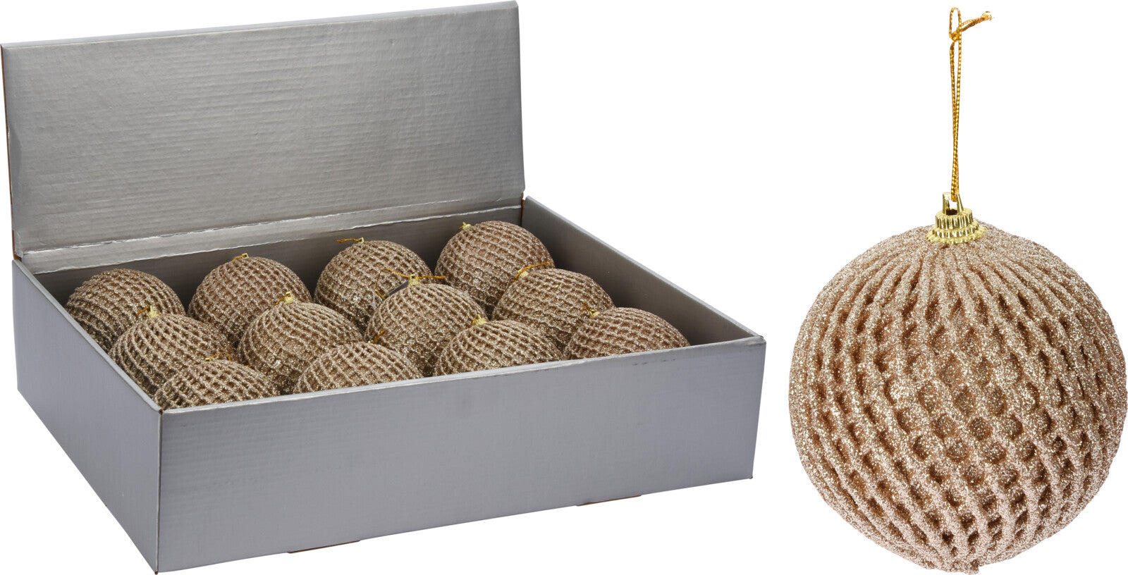 OFFERTA 6 PALLINE EFFETTO RETE 10CM CHAMPAGNE GLITTERATE