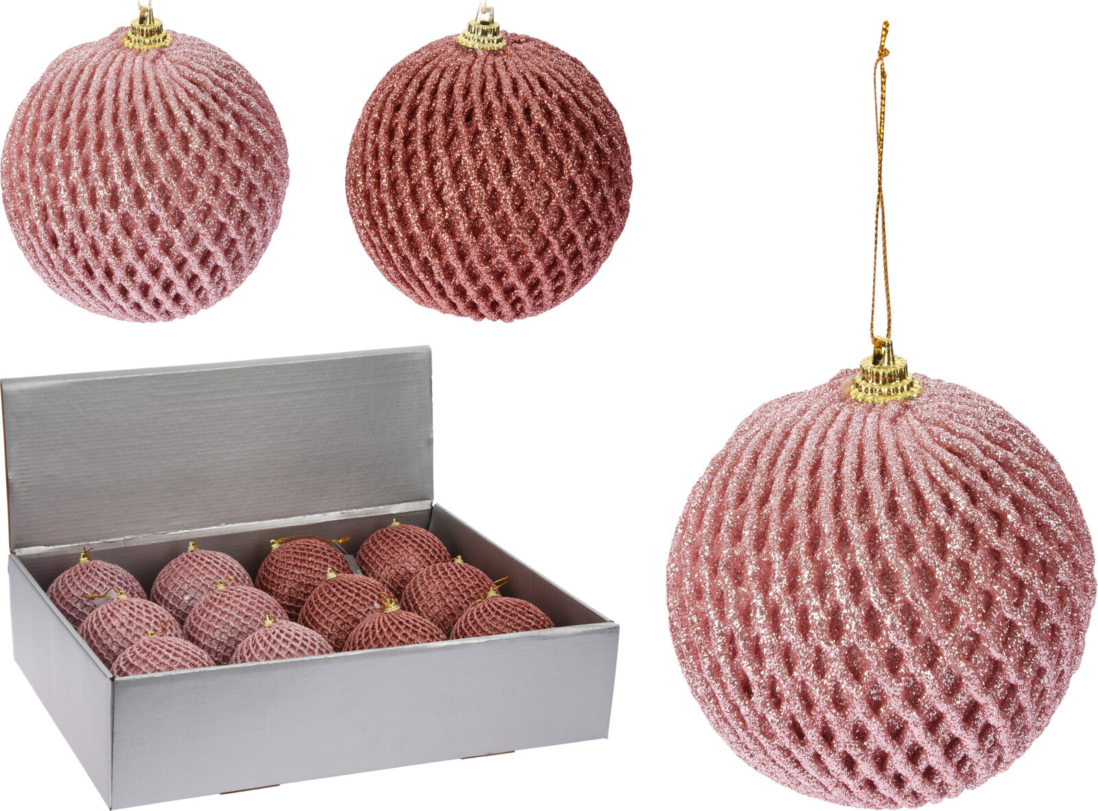 OFFERTA 6 PALLINE EFFETTO RETE 10CM GLITTERATA ROSA ASSORTITO