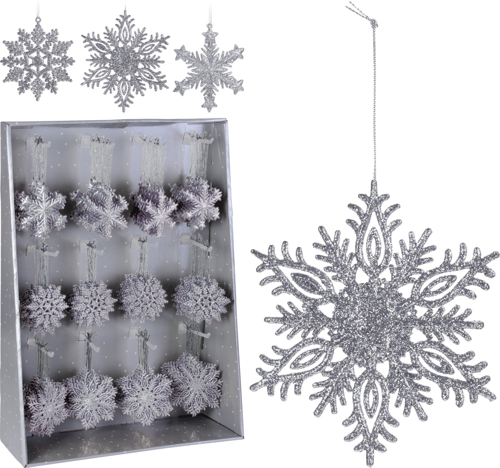 OFFERTA 6 PENDENTI NATALIZI FIOCCHI ARGENTO 10CM