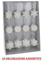 10 FIOCCHI DI NEVE APPENDIBILI 10CM CON GLITTER BIANCO ASSORTITI