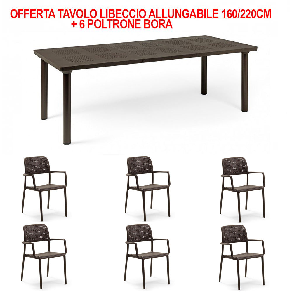 OFFERTA TAVOLO LIBECCIO ALLUNGABILE 160/220CM + 6 POLTRONE BORA COLORE A SCELTA