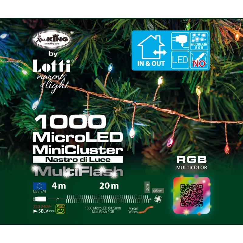 Catena MiniCluster Multiflash RGB 1000 MicroLED D1,5mm 20m Cavo Rame Peraga Christmas
