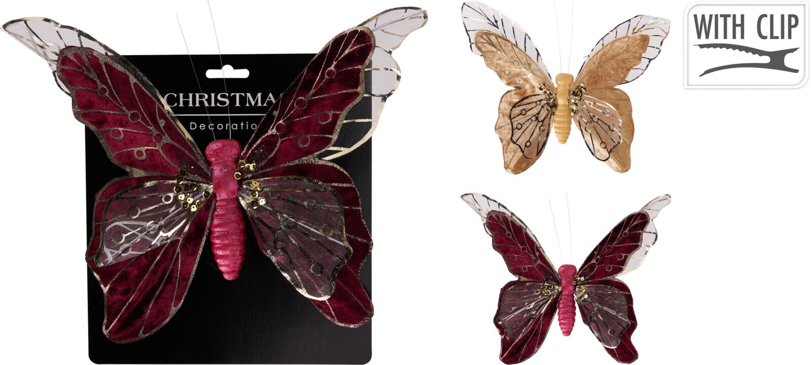 Farfalla con Clip 30cm modello assortito Rosso/Oro