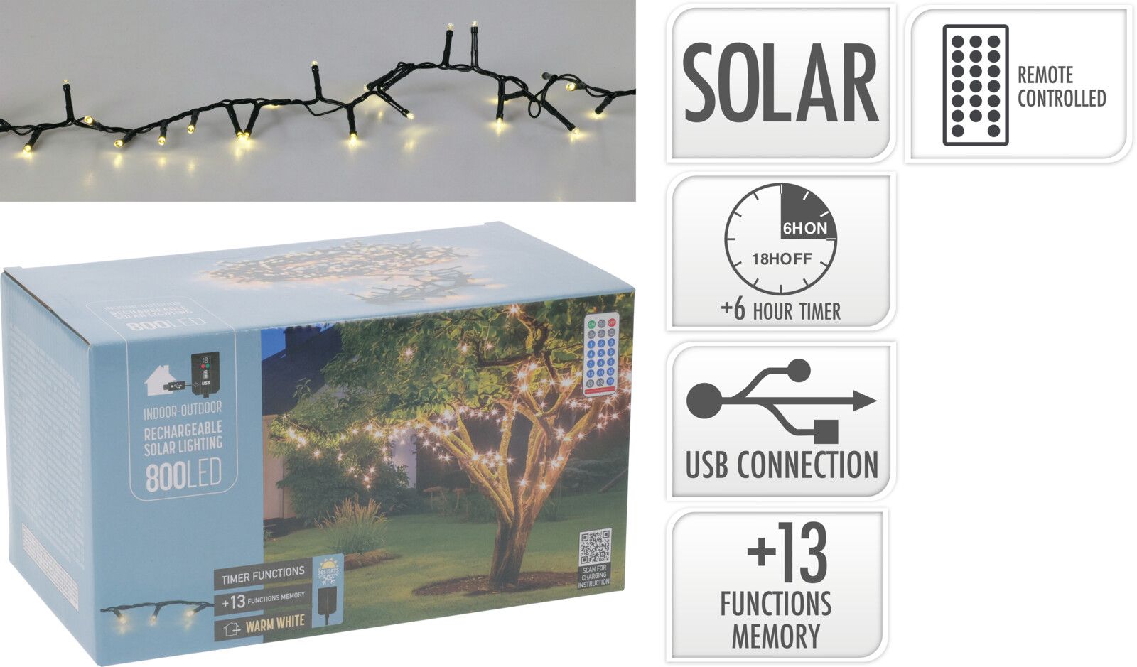 Catena luminosa ricaricabile, 800 LED, luce bianco caldo
