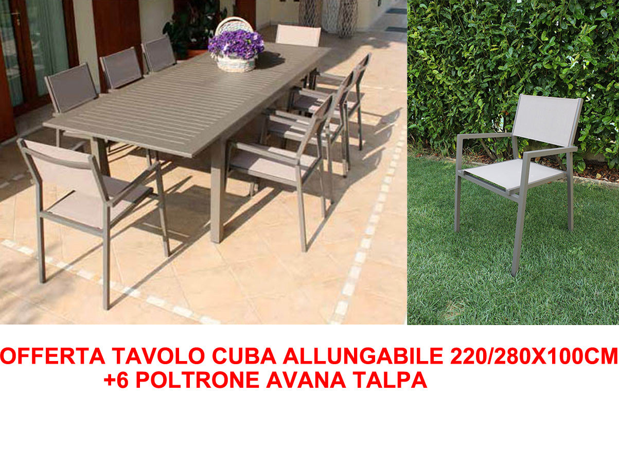 OFFERTA TAVOLO CUBA ALLUNGABILE 220/280X100CM +6 POLTRONE AVANA TALPA
