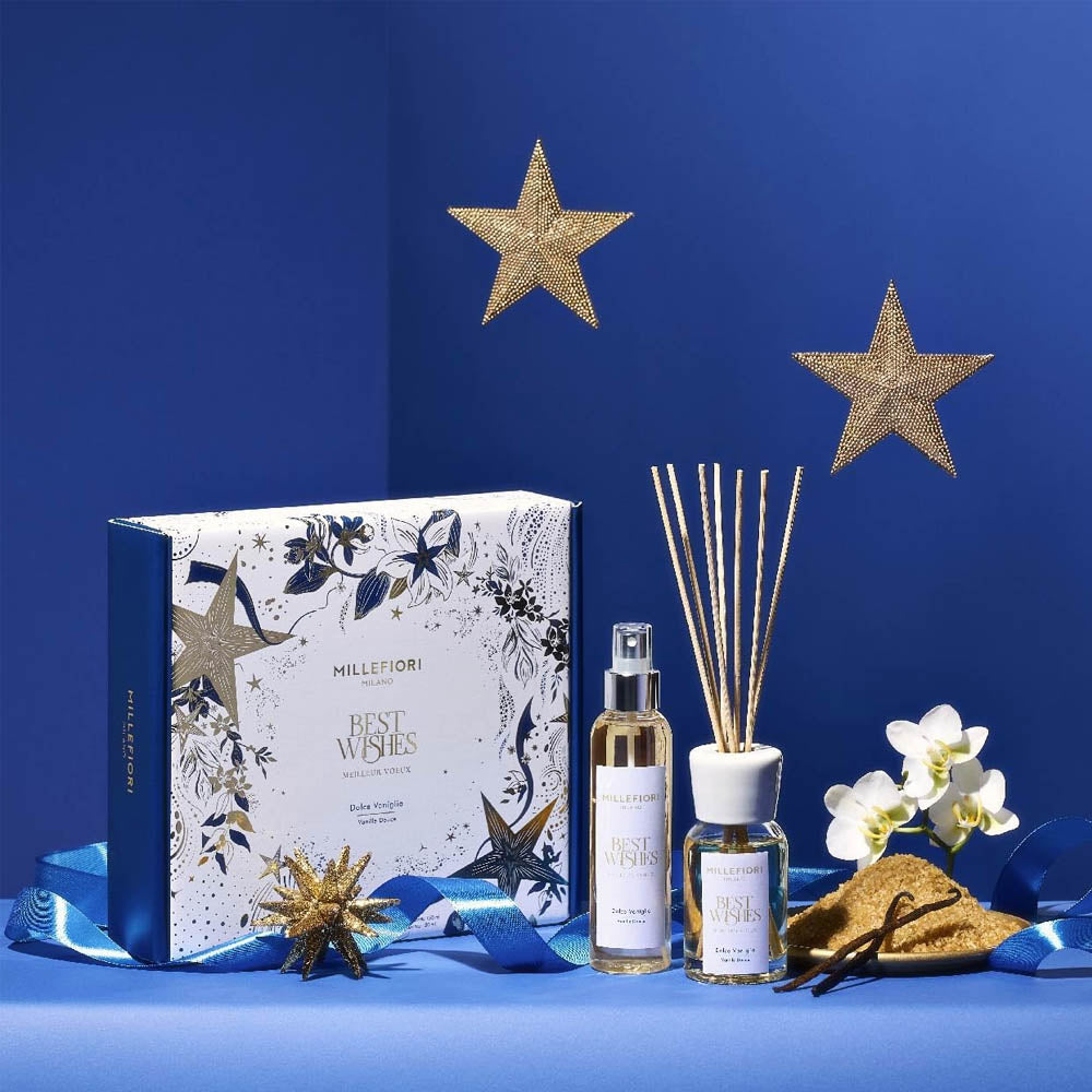 CONFEZIONE REGALO NATALE DIFFUSORE A BASTONCINI 100ML + SPRAY PROFUMAZIONE DOLCE VANIGLIA