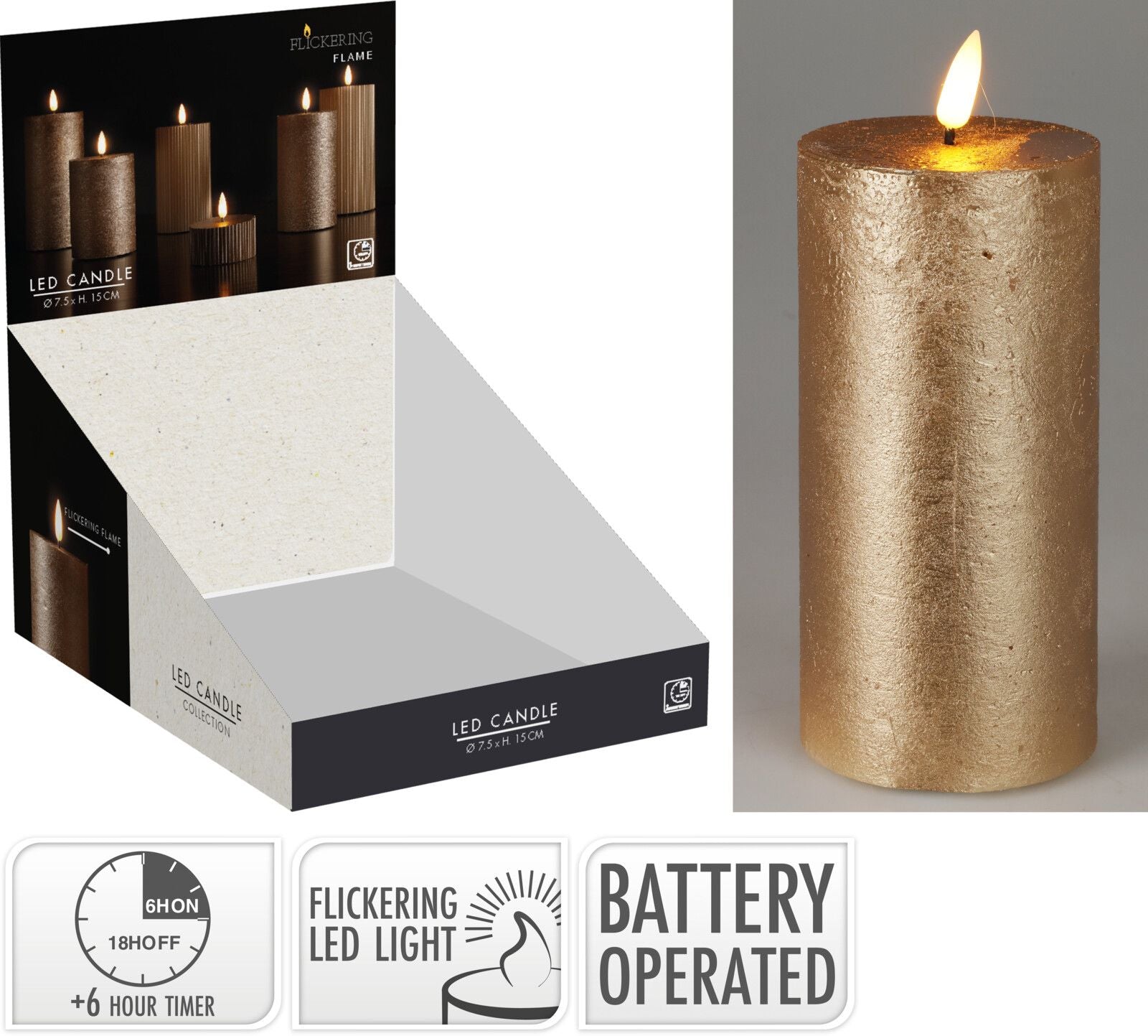 Candela decorativa a LED, 75x150 mm, colore oro, con timer