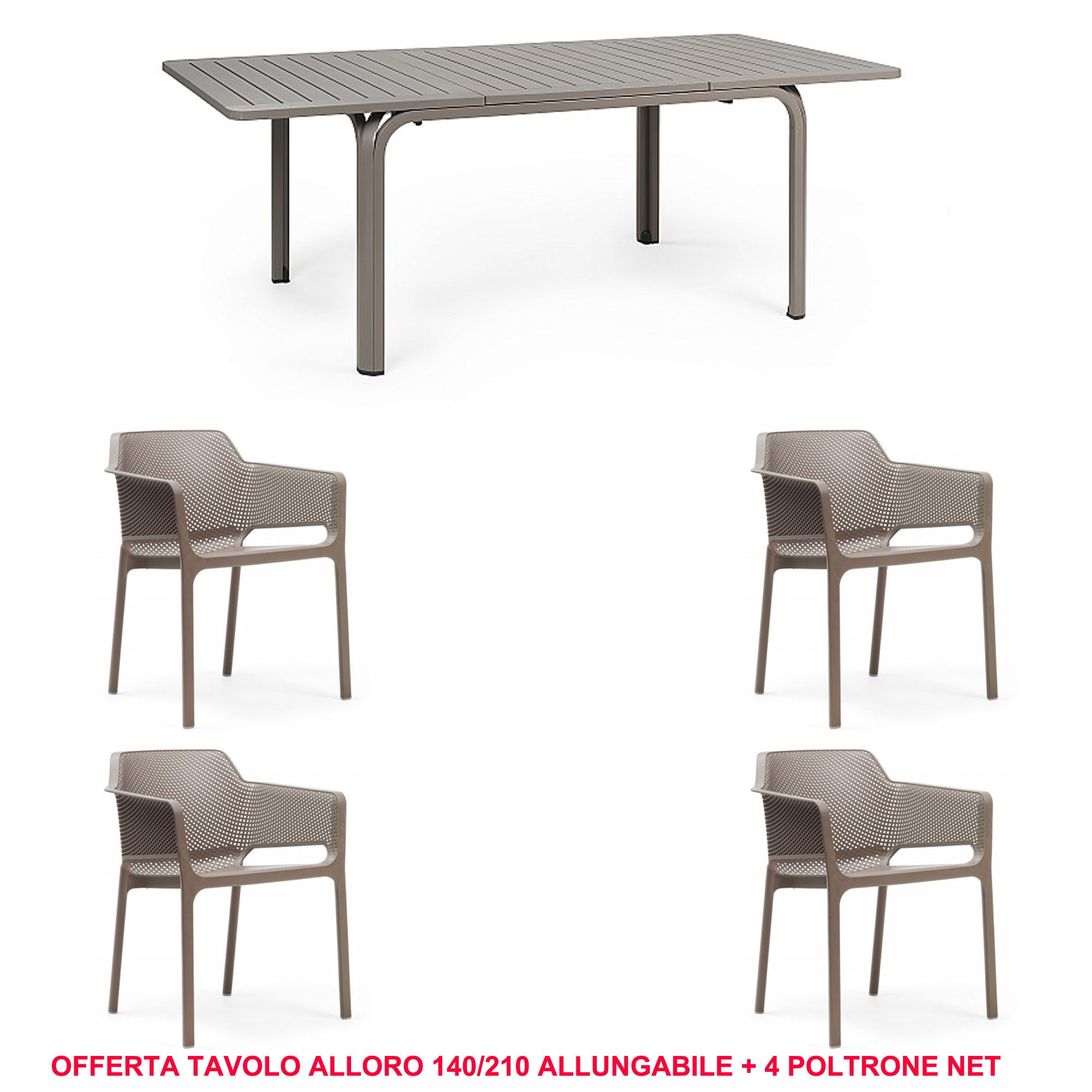 OFFERTA TAVOLO ALLORO ALLUNGABILE 140/210 + 4 POLTRONE NET COLORE A SCELTA