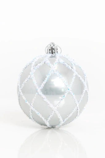PALLINA DECORATIVA 8 CM ARGENTO CON DECORAZIONI BLU GLITTER