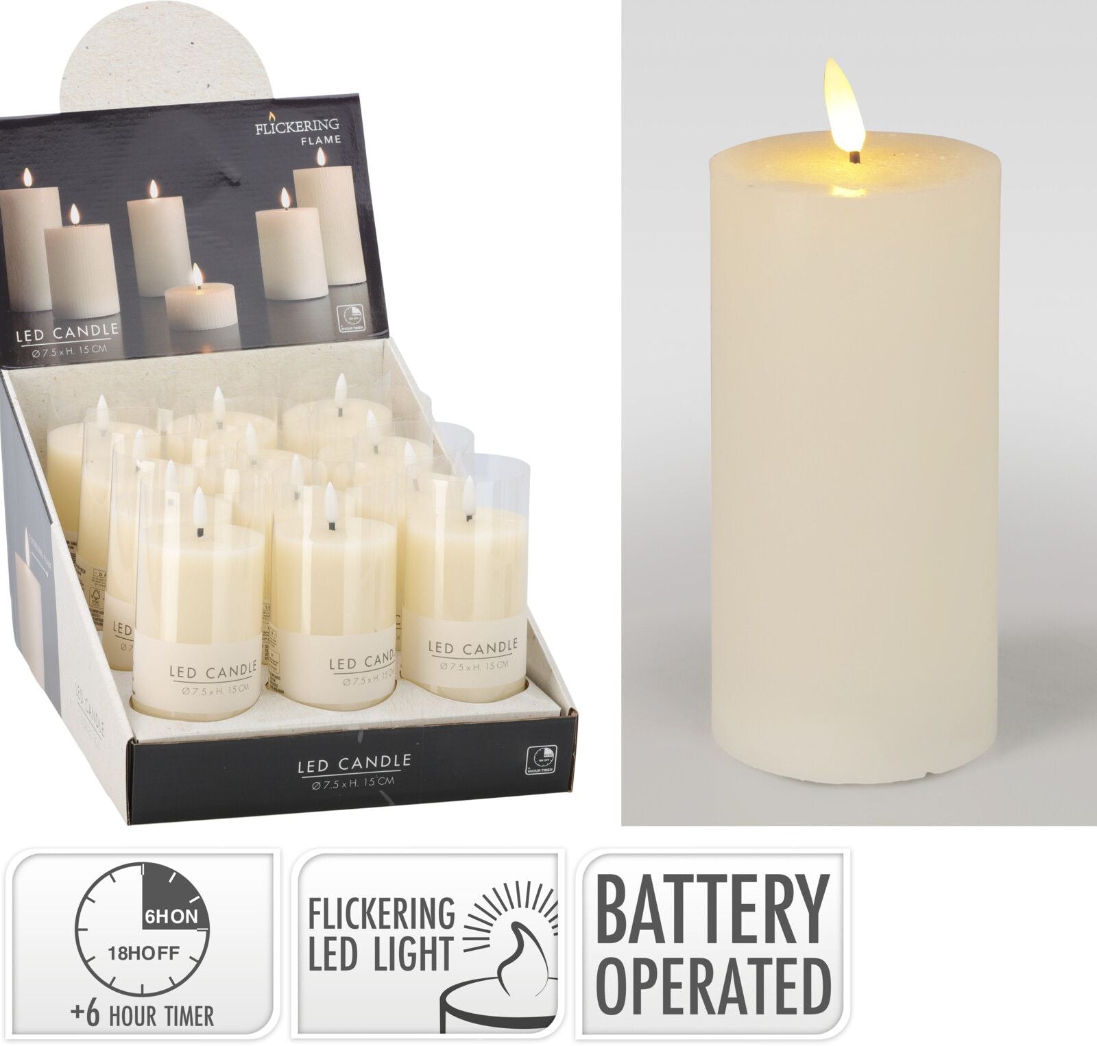 Candela decorativa a LED, 7x15 cm, colore avorio, con timer