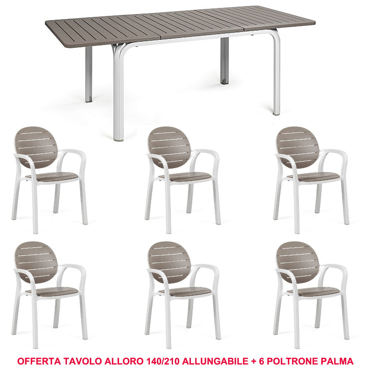 OFFERTA TAVOLO ALLORO ESTENSIBILE 140/210CM + 6 POLTRONE PALMA COLORE A SCELTA
