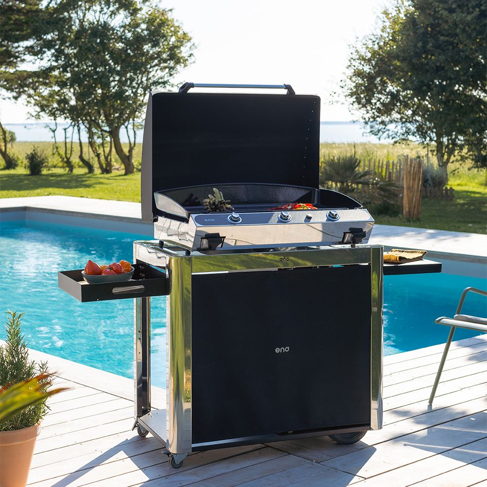 ENO Carrello barbecue Achille con tendina in acciaio inox 81x92x55 cm argento