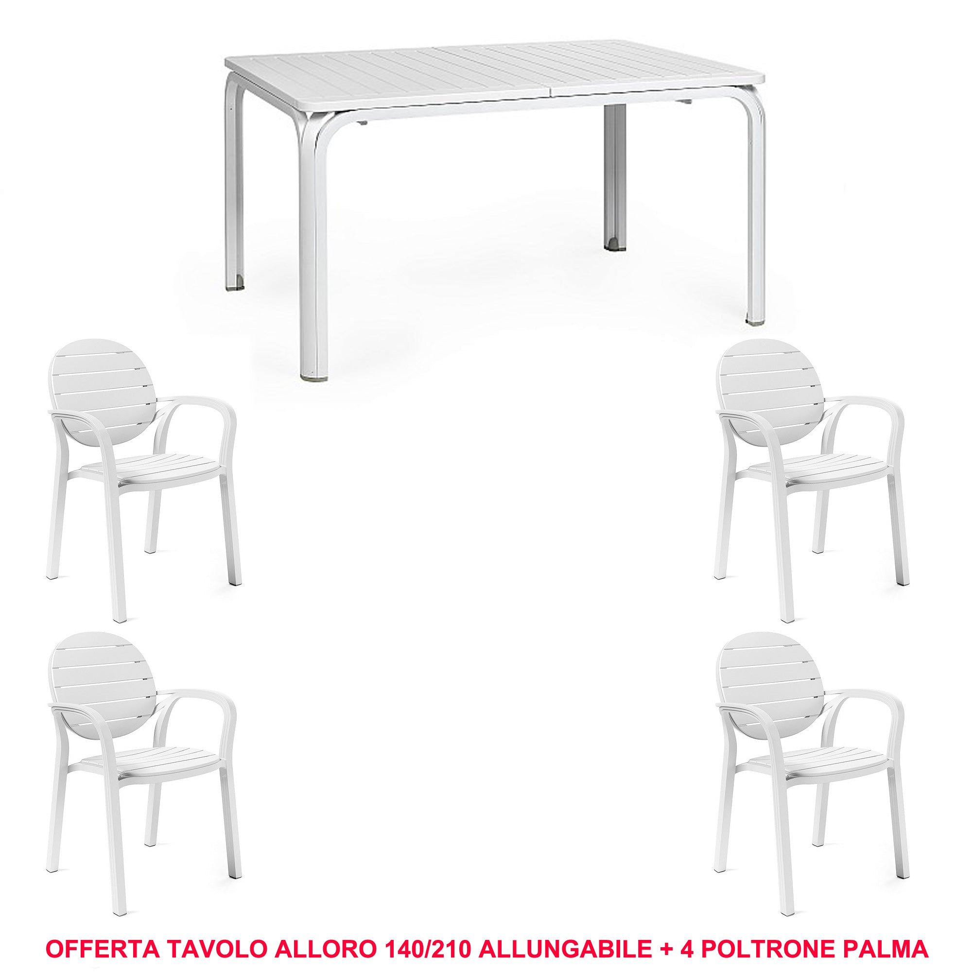 OFFERTA TAVOLO ALLORO ESTENSIBILE 140/210CM + 4 POLTRONE PALMA COLORE A SCELTA