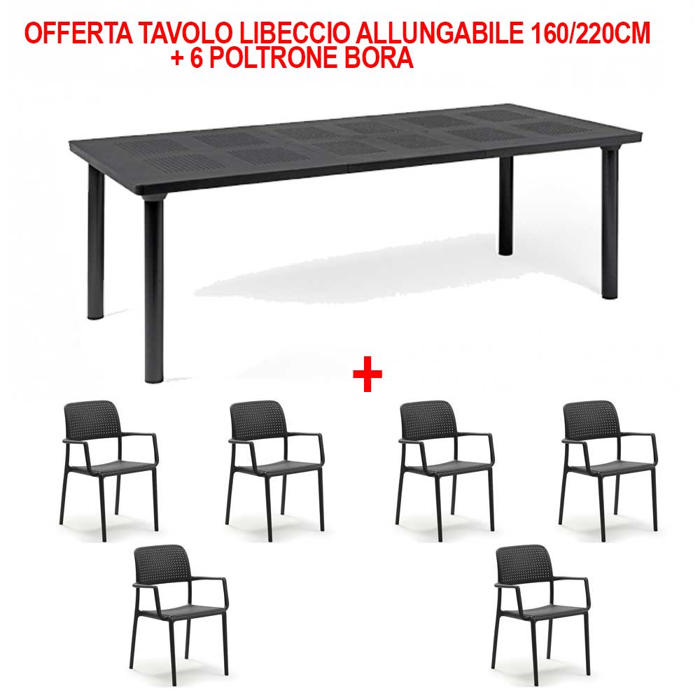 OFFERTA TAVOLO LIBECCIO ALLUNGABILE 160/220CM + 6 POLTRONE BORA COLORE A SCELTA