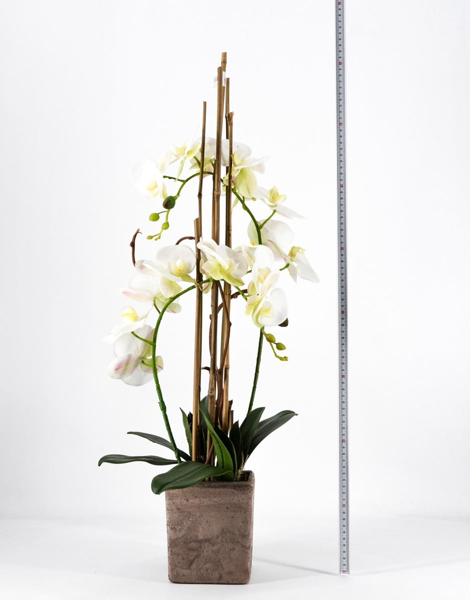 PHALAENOPSIS ORCHIDEA ARTIFICIALE 80CM CON VASO QUADRATO BIANCA