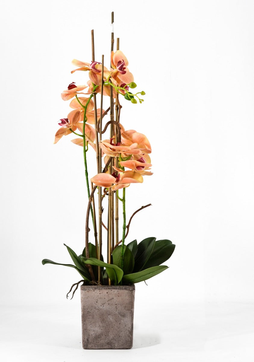 PHALAENOPSIS ORCHIDEA ARTIFICIALE 80CM CON VASO QUADRATO ARANCIONE