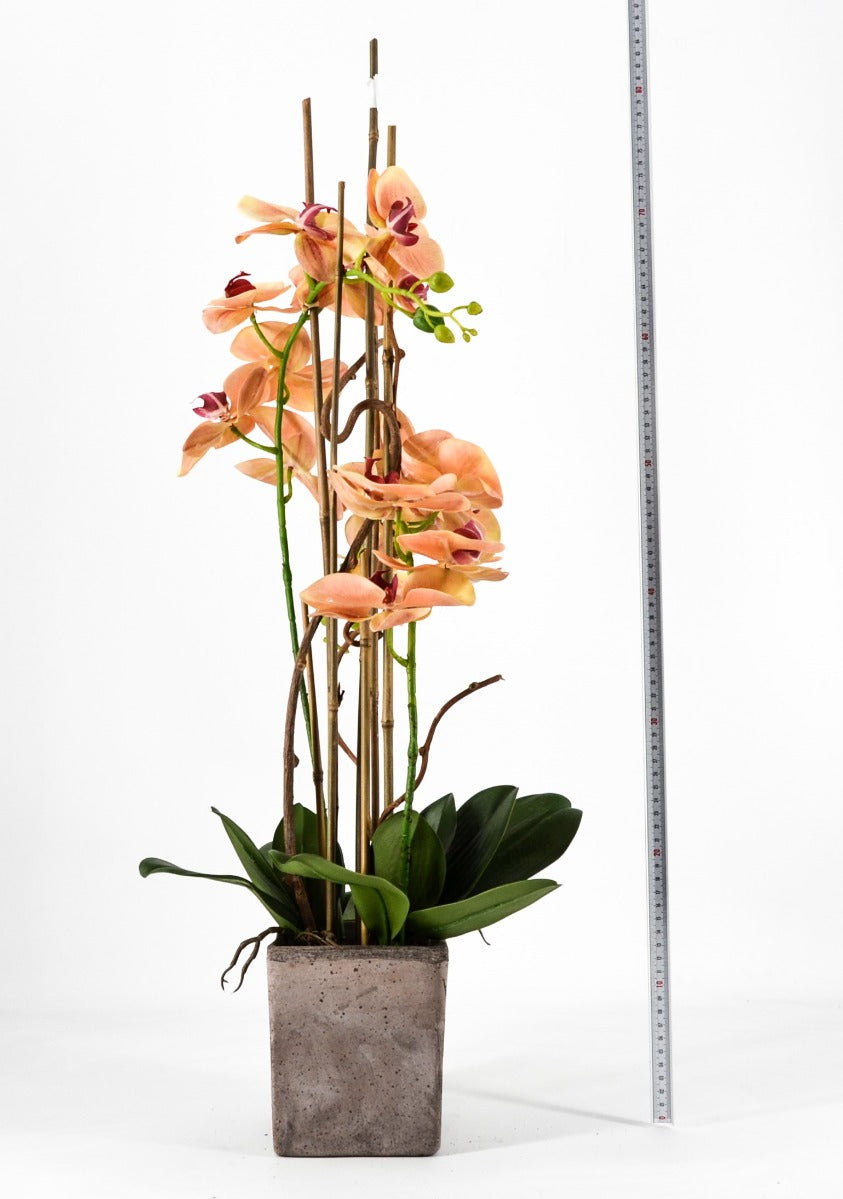 PHALAENOPSIS ORCHIDEA ARTIFICIALE 80CM CON VASO QUADRATO ARANCIONE