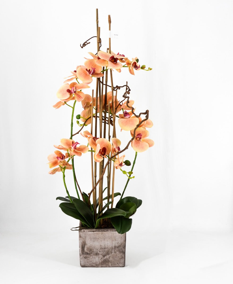PHALAENOPSIS ORCHIDEA ARTIFICIALE 90CM CON VASO QUADRATO ARANCIONE