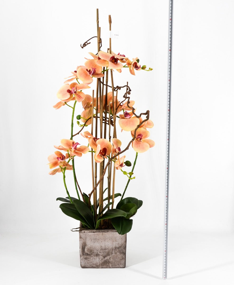 PHALAENOPSIS ORCHIDEA ARTIFICIALE 90CM CON VASO QUADRATO ARANCIONE