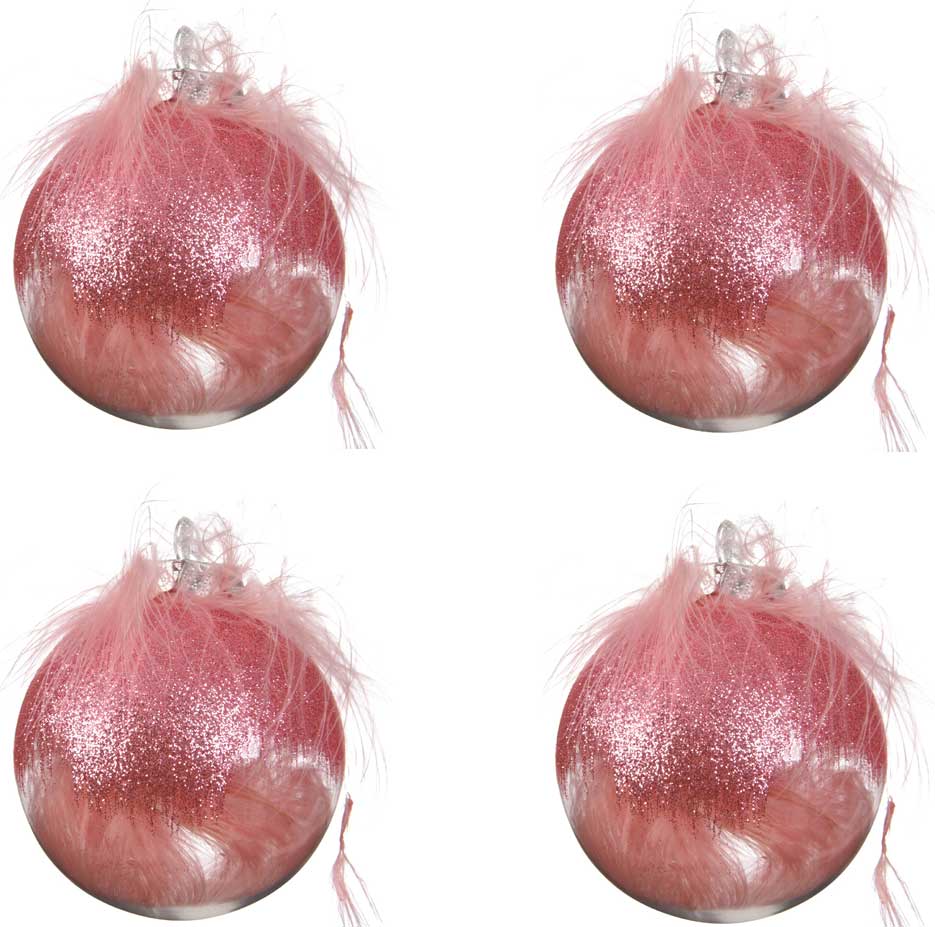 OFFERTA 4 PALLINE 8CM ROSA TRASPARENTE CON PIUME E GLITTER