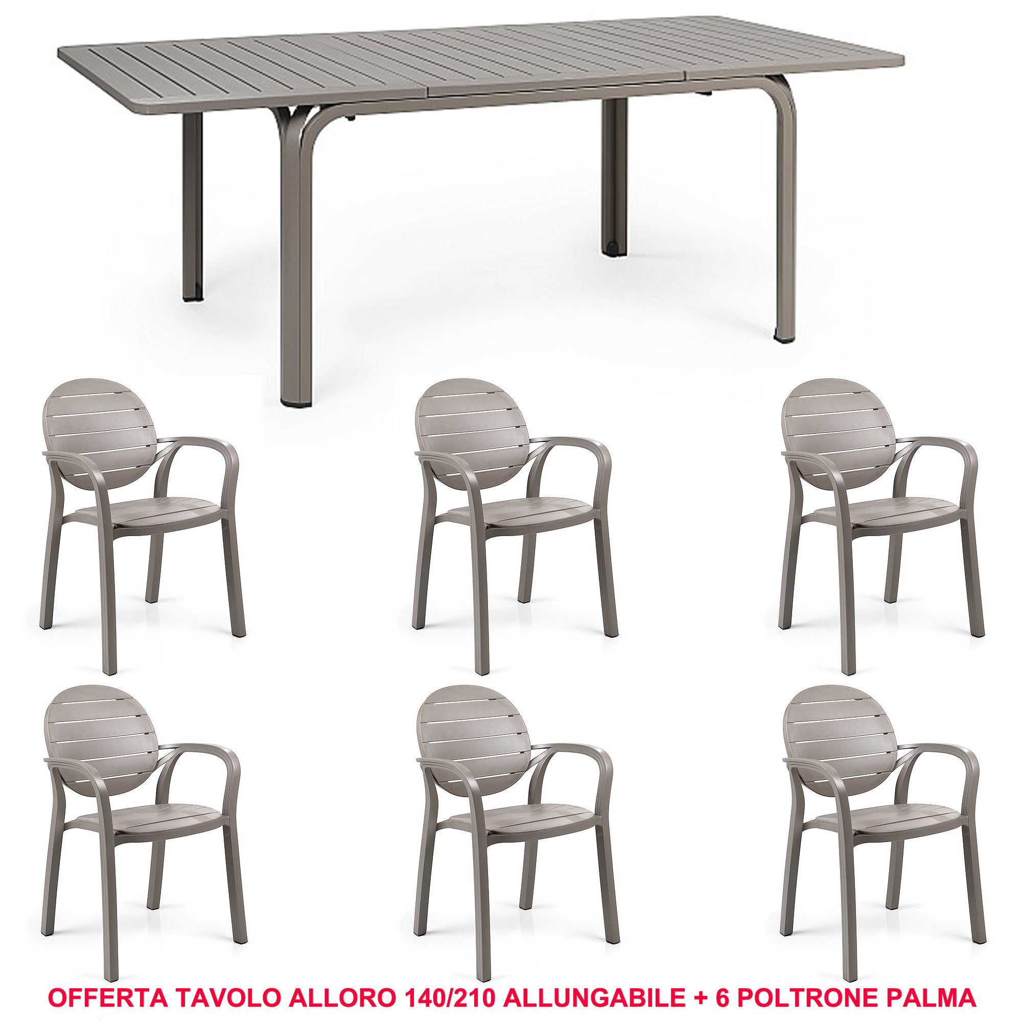 OFFERTA TAVOLO ALLORO ESTENSIBILE 140/210CM + 6 POLTRONE PALMA COLORE A SCELTA
