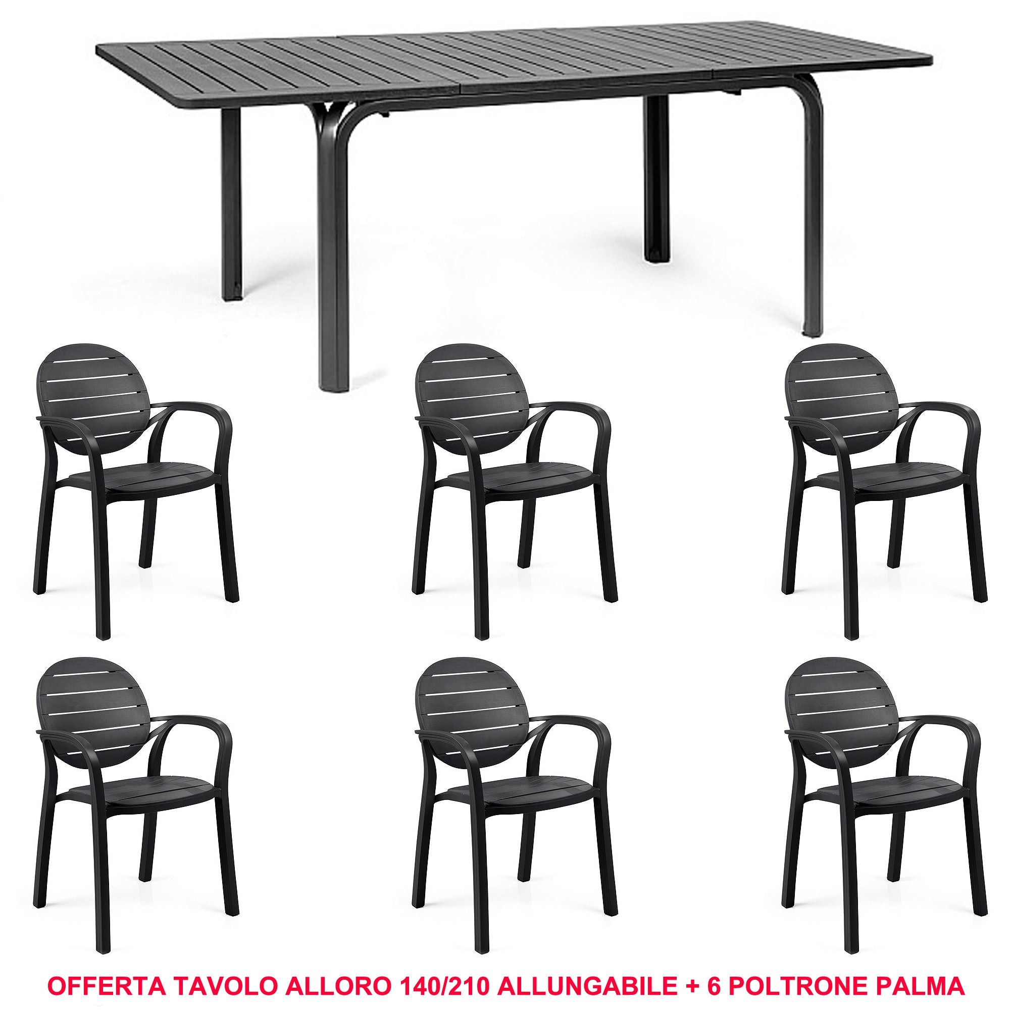 OFFERTA TAVOLO ALLORO ESTENSIBILE 140/210CM + 6 POLTRONE PALMA COLORE A SCELTA