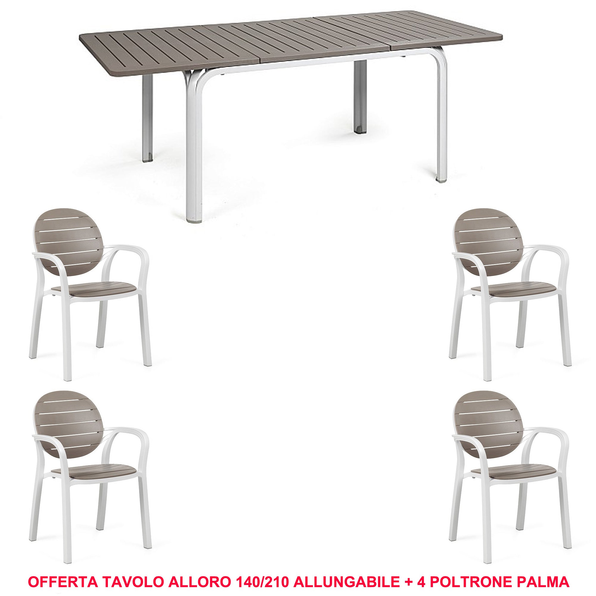 OFFERTA TAVOLO ALLORO ESTENSIBILE 140/210CM + 4 POLTRONE PALMA COLORE A SCELTA