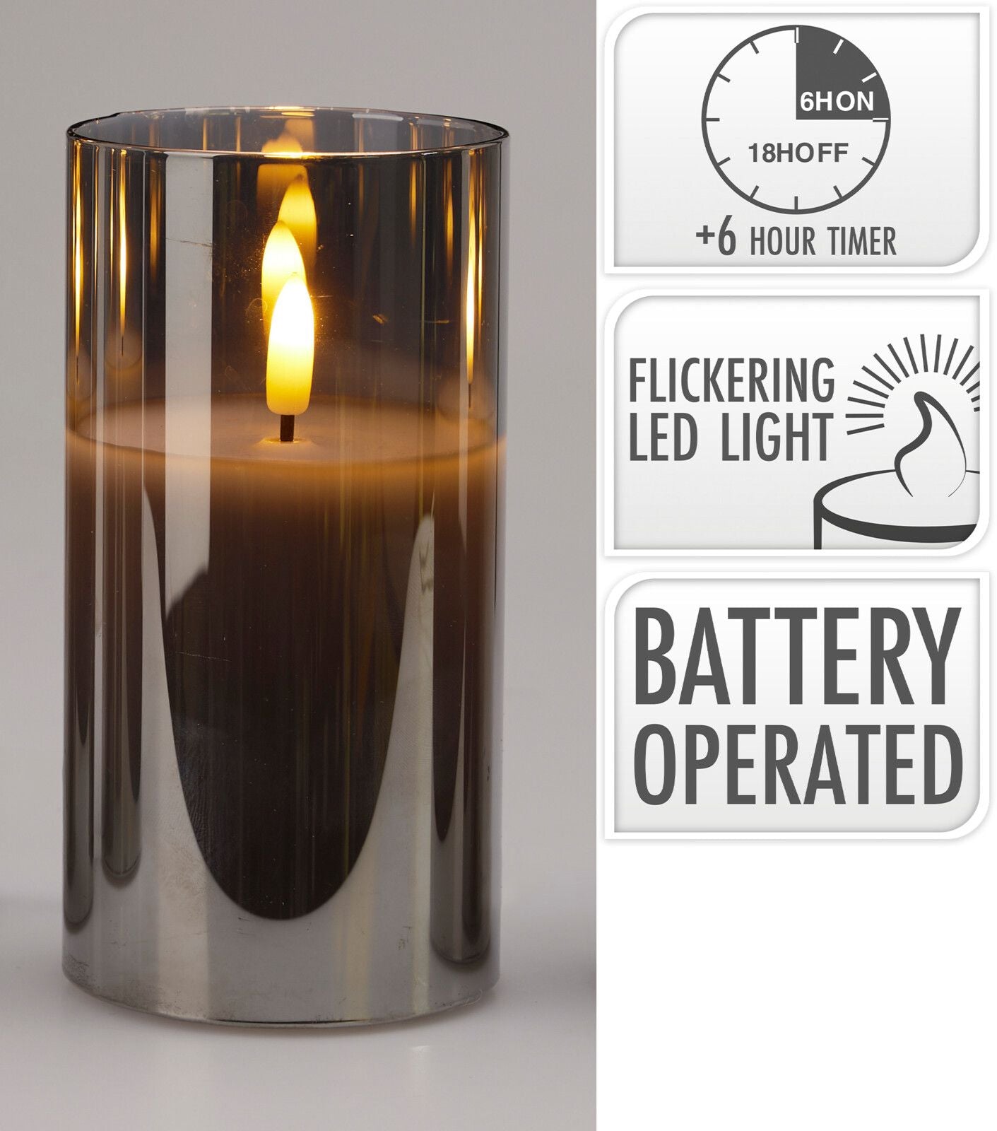 Candela decorativa a LED, altezza 15 cm, colore fumè