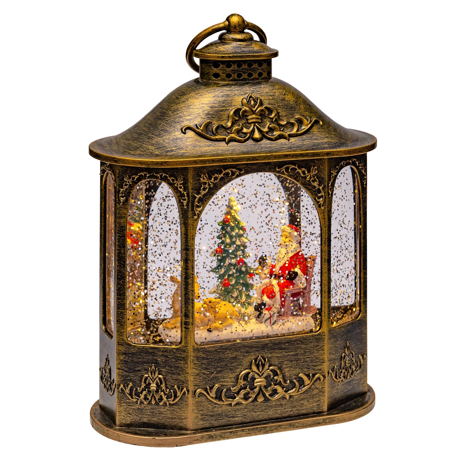 LANTERNA BRUNITA LUMINOSA CON ANELLO E BABBO NATALE CON RENNE H28CM