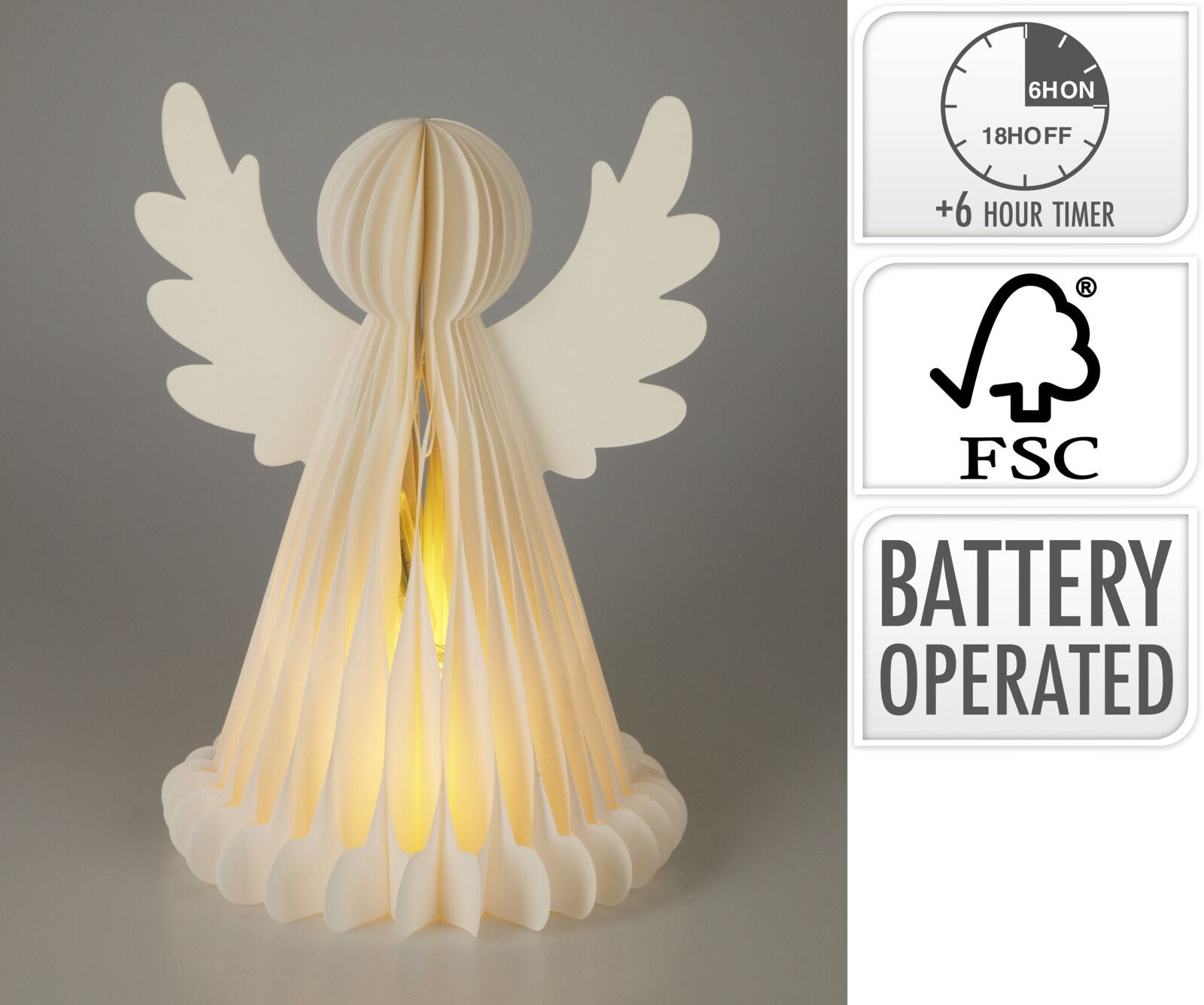 Angelo decorativo in carta con LED, altezza 38 cm, colore bianco