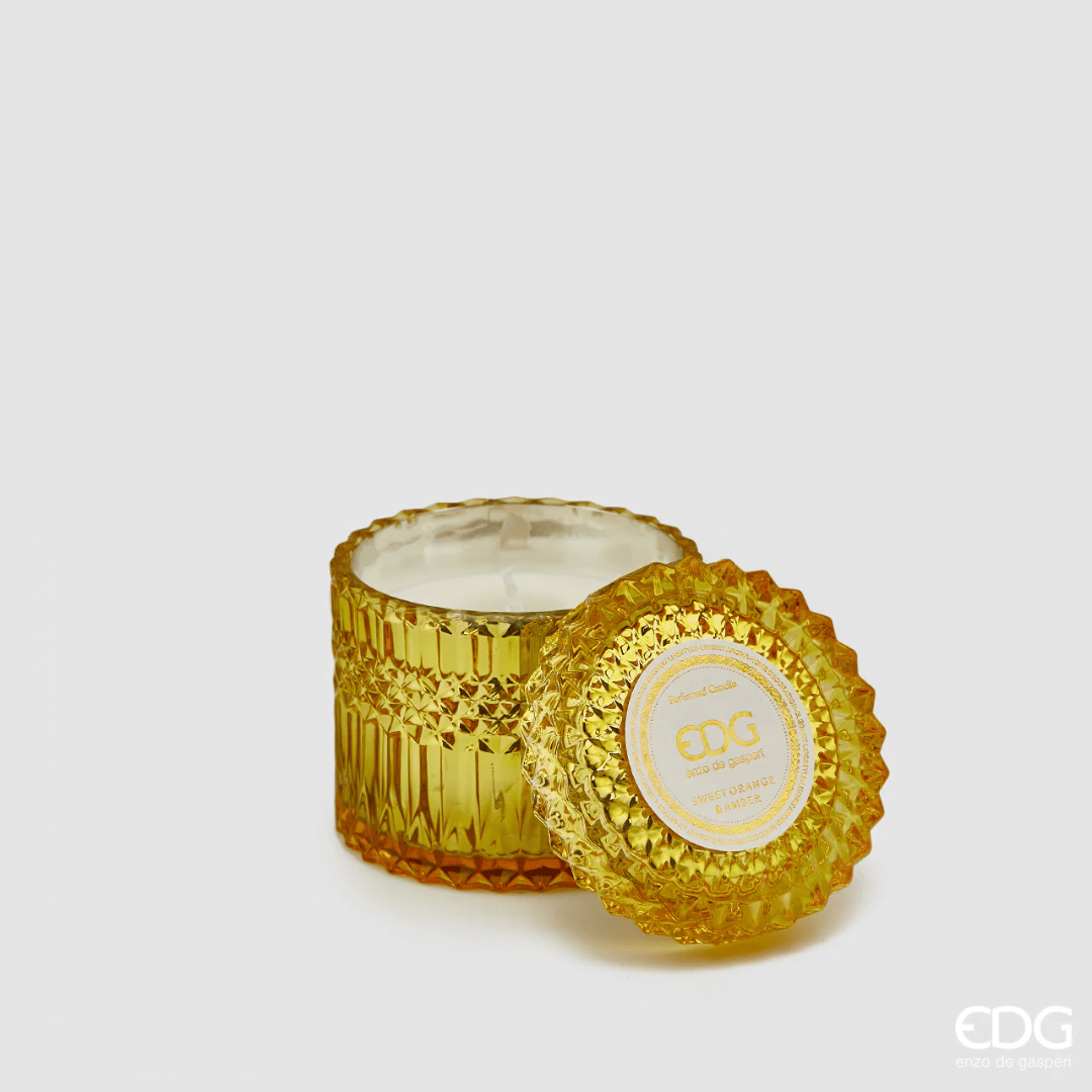 CANDELA CRYSTAL CON VASO H 8,5 CM D 9 CM 160GR  AMBRA ED ARANCIO DOLCE