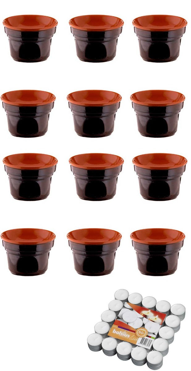 OFFERTA 12 FORNELLINI BAGNA CAUDA  CM 14 BRUNA TERRE D'UMBRIA + 50 CANDELE T-LIGHT IN OMAGGIO