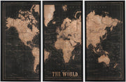 Quadro Mappamondo in 3 Parti 61x10x121 cm Nero/Marrone