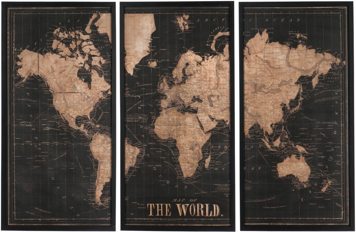 Quadro Mappamondo in 3 Parti 61x10x121 cm Nero/Marrone