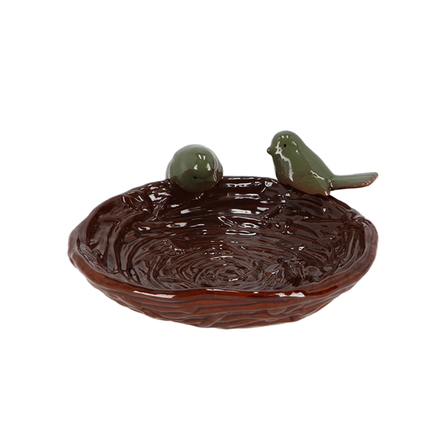 BAGNETTO IN CERAMICA A FORMA DI NIDO CON UCCELLINI