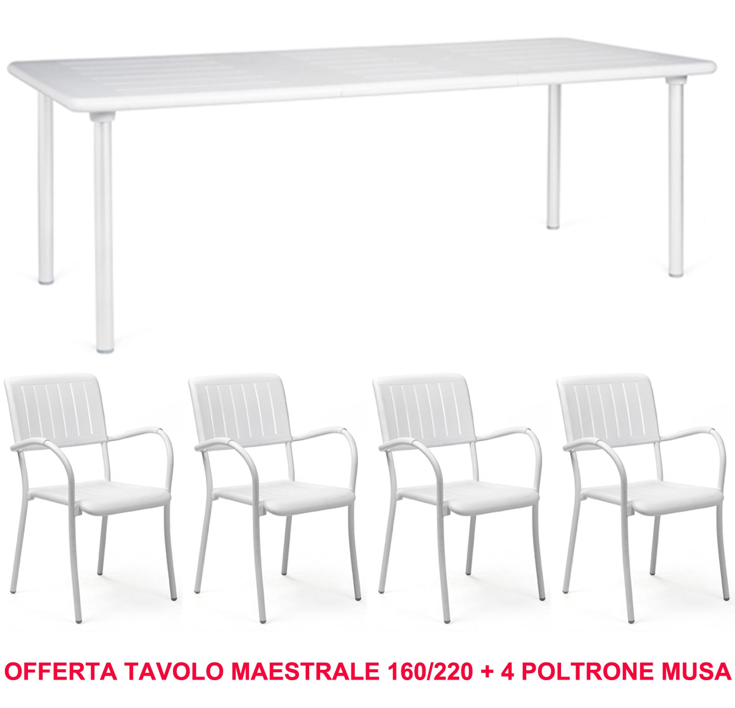 OFFERTA TAVOLO MAESTRALE 160/220CM ESTENSIBILE + 4 POLTRONE MUSA COLORE A SCELTA
