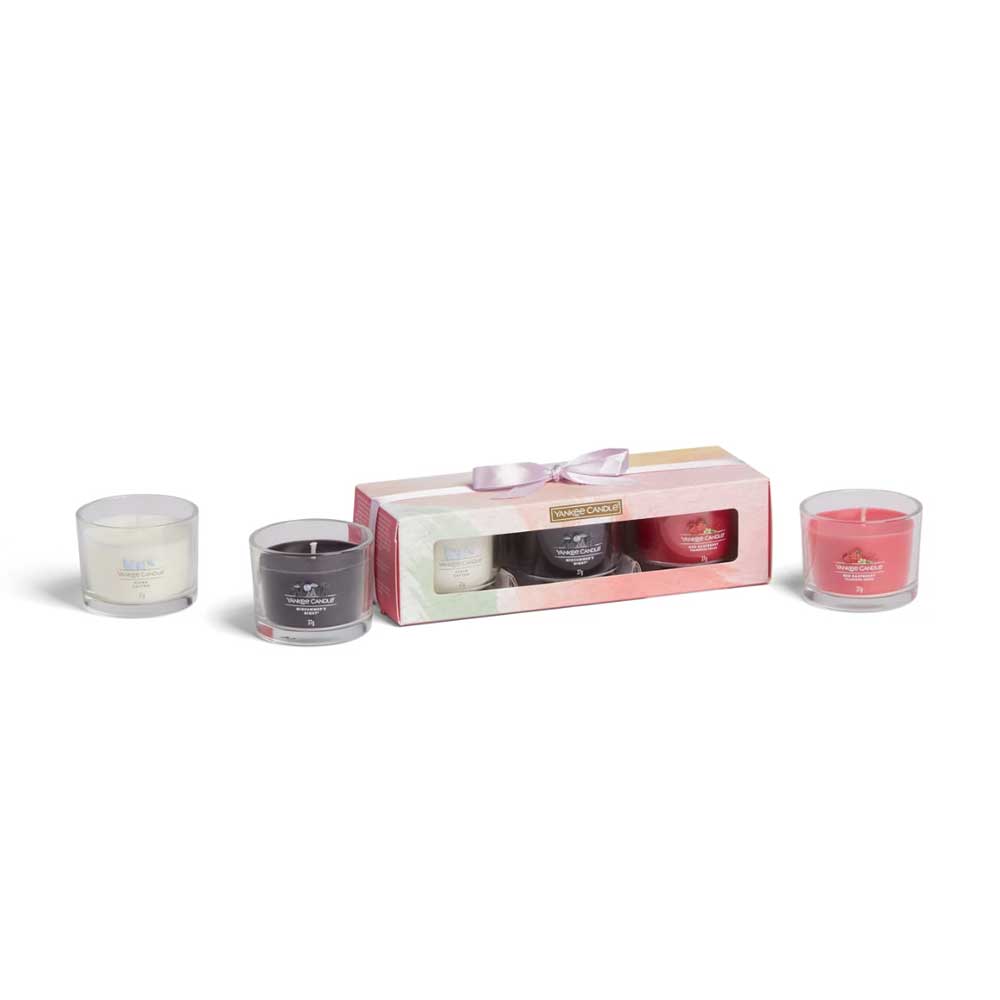 CONFEZIONE REGALO CON 3 CANDELE VOTIVE IN VETRO
